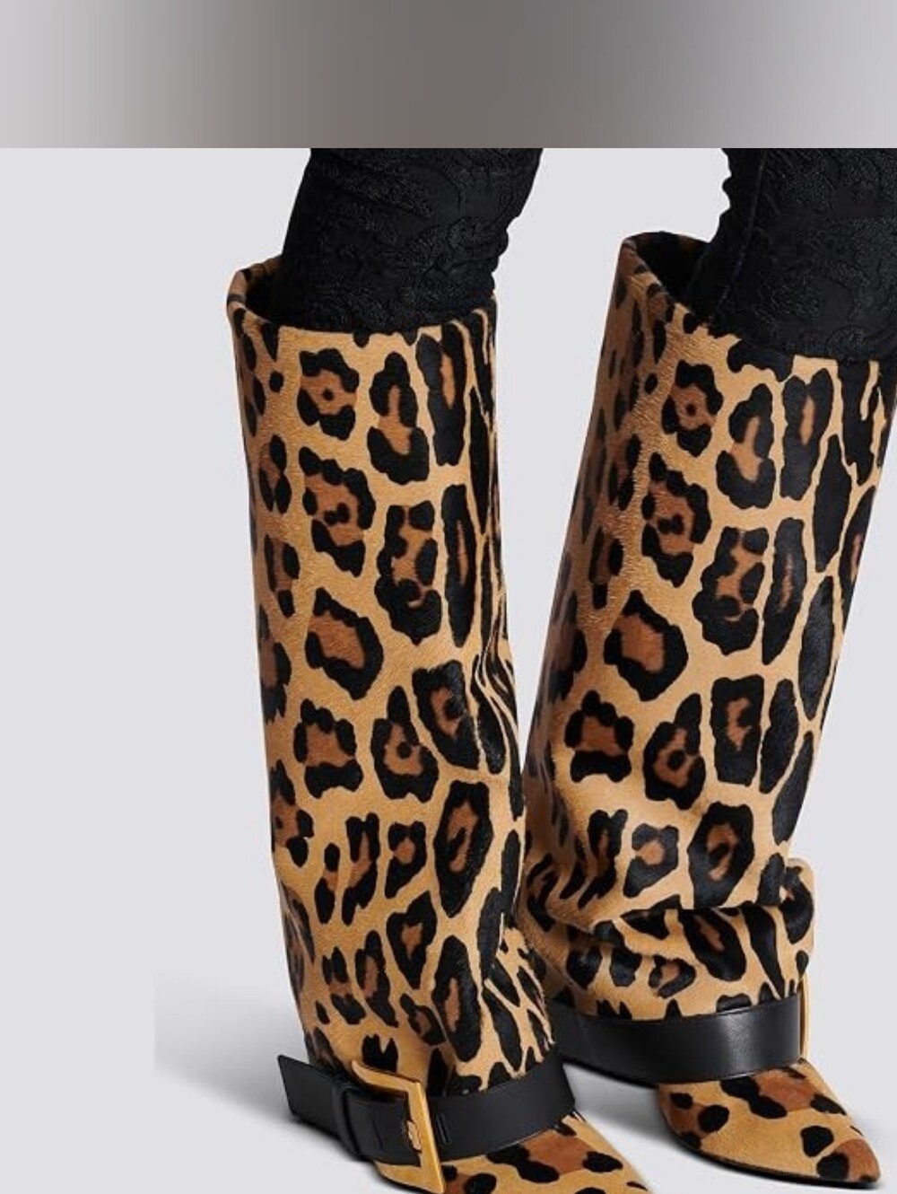 Leopard Print Pointed Toe Brown & Black Foldover Knee Boots